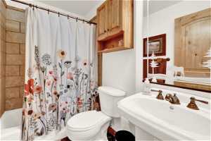 Full bathroom with sink, shower / bath combination with curtain, and toilet