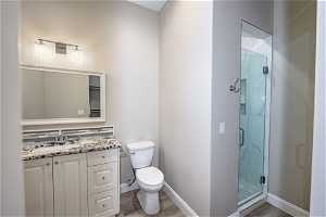 Bathroom with a shower with door, hardwood / wood-style flooring, vanity, and toilet