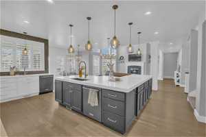 Kitchen featuring hanging light fixtures, light hardwood / wood-style flooring, an island with sink, sink, and stainless steel dishwasher