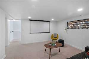 Cinema room with light colored carpet