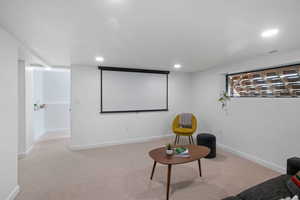 Cinema room with light colored carpet