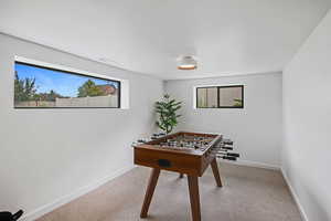 Game room featuring light colored carpet