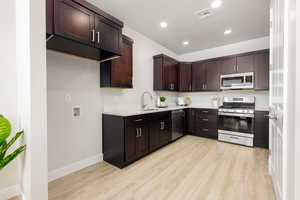 Kitchen featuring a sink, visible vents, appliances with stainless steel finishes, and light wood-style floors
