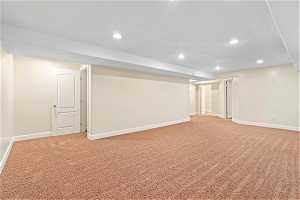 Basement Family Room with light carpet
