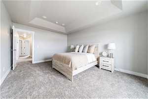 Carpeted bedroom featuring a tray ceiling