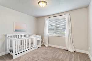 Bedroom featuring light carpet, a crib, and a textured ceiling