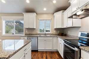 Kitchen with appliances with stainless steel finishes, sink, dark hardwood / wood-style flooring, and white cabinetry