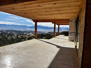 View of patio / terrace featuring a mountain view