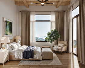 Bedroom featuring ceiling fan, access to exterior, beam ceiling, and wood-type flooring