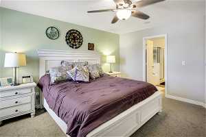 Master Bedroom with ensuite bath, ceiling fan, and dark carpet
