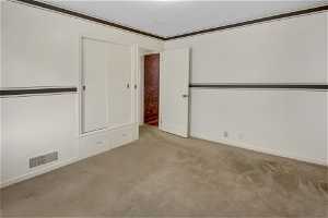 Carpeted empty room with crown molding and a textured ceiling