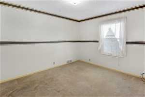 Unfurnished room with a textured ceiling, light carpet, and crown molding