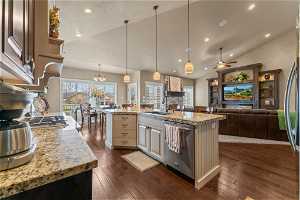 Kitchen featuring dark hardwood / wood-style floors, pendant lighting, light stone counters, and stainless steel dishwasher