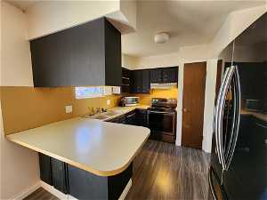 Kitchen with sink, stainless steel appliances, kitchen peninsula, and dark hardwood / wood-style flooring
