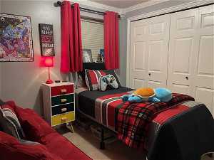 Bedroom with a closet, carpet floors, and ornamental molding
