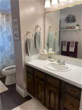 Bathroom featuring ornamental molding, wood-type flooring, vanity, and toilet