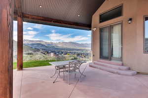 View of terrace with a mountain view