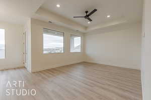 Unfurnished room featuring light hardwood / wood-style floors, a raised ceiling, and ceiling fan