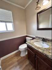 Bathroom featuring ornamental molding, wood-type flooring, toilet, and large vanity