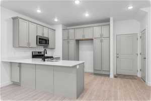Kitchen featuring gray cabinets, stainless steel appliances, light hardwood / wood-style floors, and kitchen peninsula
