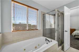 Bathroom featuring a healthy amount of sunlight, tile flooring, and separate shower and tub