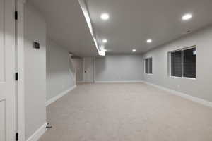 Basement featuring light colored carpet