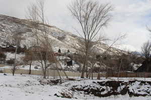 Snowy yard with a mountain view