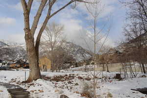 Yard covered in snow featuring a mountain view