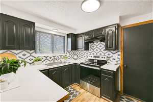 Kitchen with light hardwood / wood-style floors, sink, and stainless steel electric range