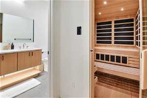 View of sauna / steam room featuring tile floors