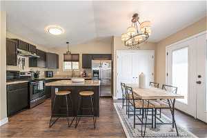 Kitchen featuring a center island, appliances with stainless steel finishes, dark wood-type flooring, and decorative light fixtures