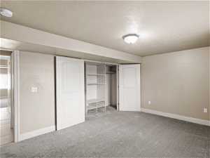 Unfurnished bedroom featuring carpet flooring and a textured ceiling