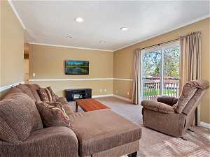 Carpeted living room featuring crown molding