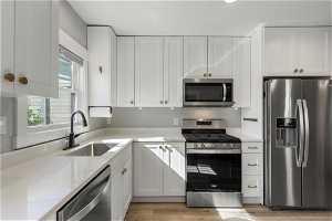 Kitchen with stainless steel appliances, and white cabinetry