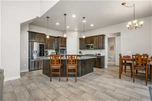Kitchen with hanging light fixtures, a kitchen island with sink, and stainless steel appliances