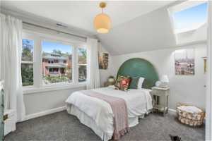 Carpeted bedroom with beautiful windows and skylight