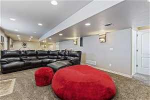 Home theater room featuring carpet floors and a textured ceiling