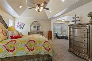 Bedroom featuring ceiling fan, carpet, and a raised ceiling
