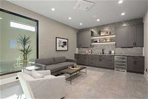 Living room with wine cooler and sink