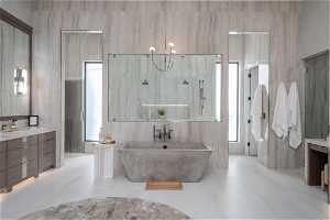 Bathroom featuring vanity, tile floors, and tile walls