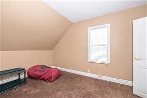 Carpeted bedroom with vaulted ceiling