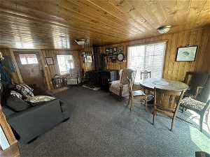 Living room with a healthy amount of sunlight, a wood stove, carpet floors, and wooden walls