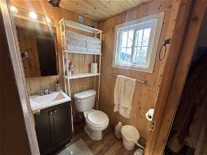 Bathroom featuring wood ceiling, toilet, wood-type flooring, wood walls, and vanity