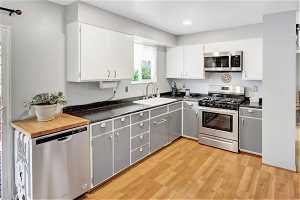 Kitchen featuring appliances with stainless steel finishes, white cabinetry, sink, and light wood-type flooring