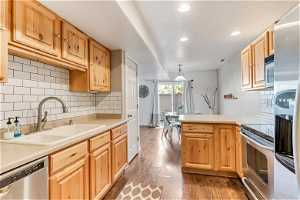 Kitchen with stainless steel appliances, a textured ceiling, tasteful backsplash, dark wood-type flooring, and sink