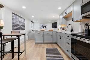 Kitchen with light hardwood / wood-style floors, backsplash, gray cabinets, stainless steel appliances, and kitchen peninsula