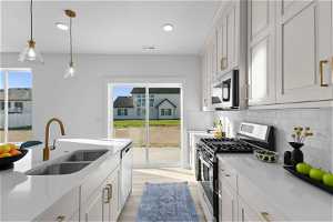 Kitchen featuring white cabinets, backsplash, stainless steel appliances, sink, and light hardwood / wood-style floors
