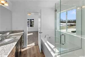 Bathroom with shower with separate bathtub, vanity, and hardwood / wood-style floors
