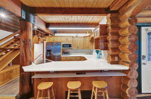 Kitchen featuring wooden ceiling, beam ceiling, and stainless steel appliances