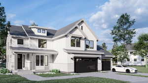 Modern inspired farmhouse featuring a front lawn and a garage